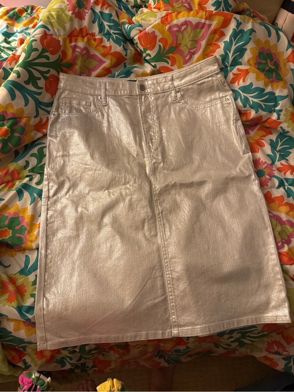 GAP Metallic Silver Midi Denim Skirt sz 12 NWOT